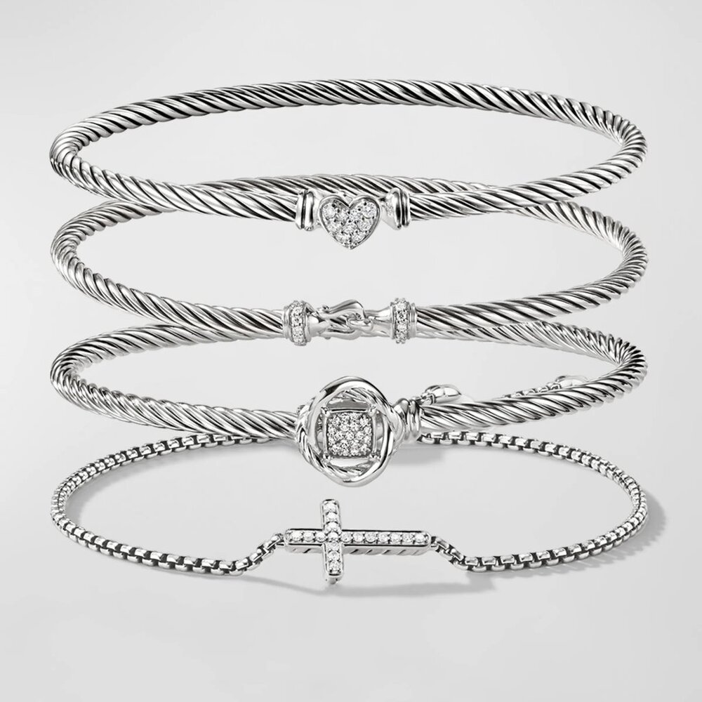 $550 David Yurman Sterling Silver 3mm Cable Buckle Bracelet with Paved Diamonds